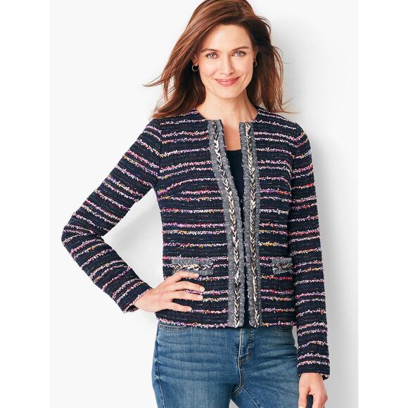 Talbots Fringe Trim Tweed Blazer Jacket Women Sz 6 Blue Long Sleeve Career Lined - Picture 1 of 9
